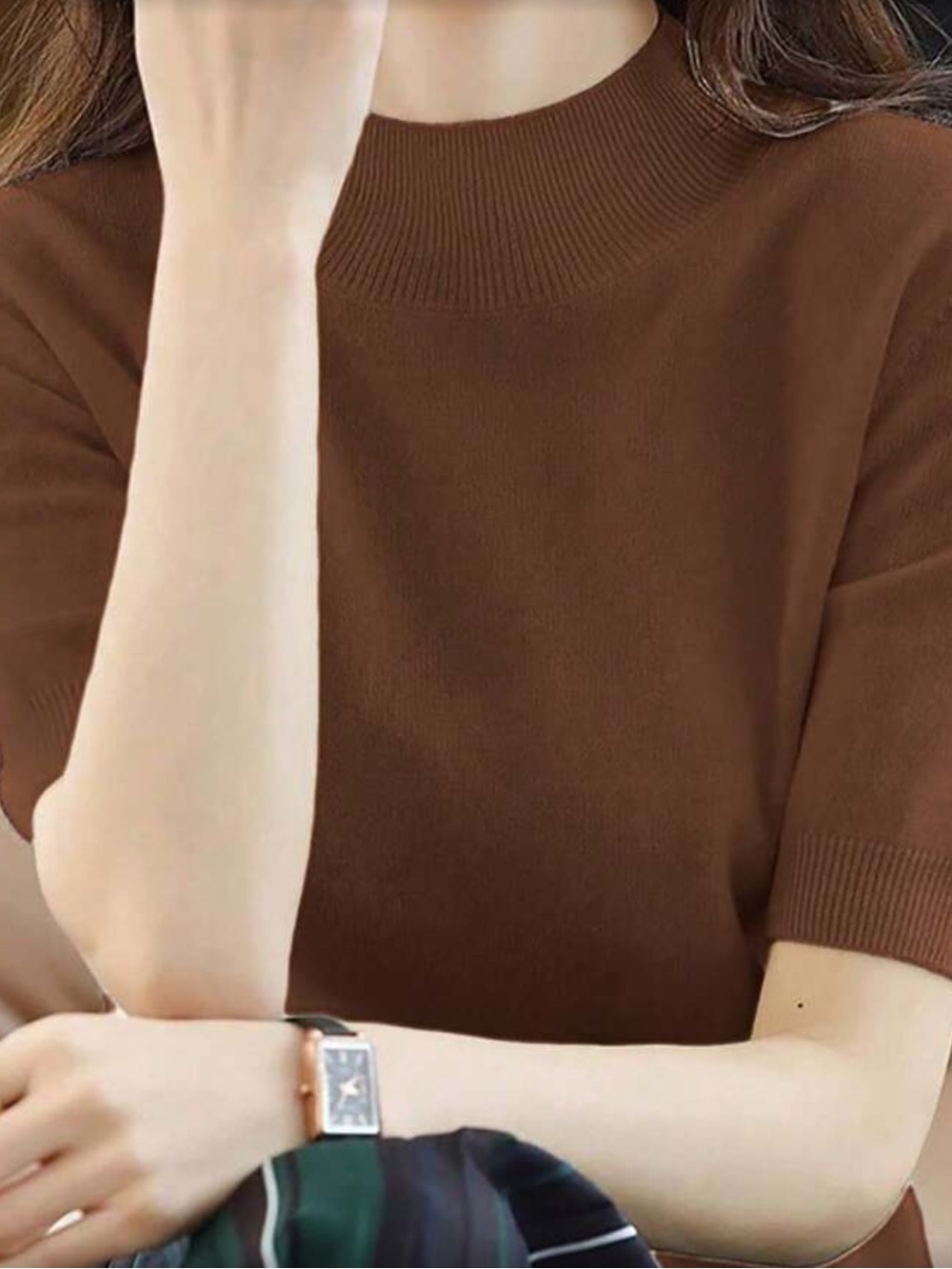 EMERY ROSE Women's Casual Solid Color Turtleneck Short Sleeve Knit Top, Autumn